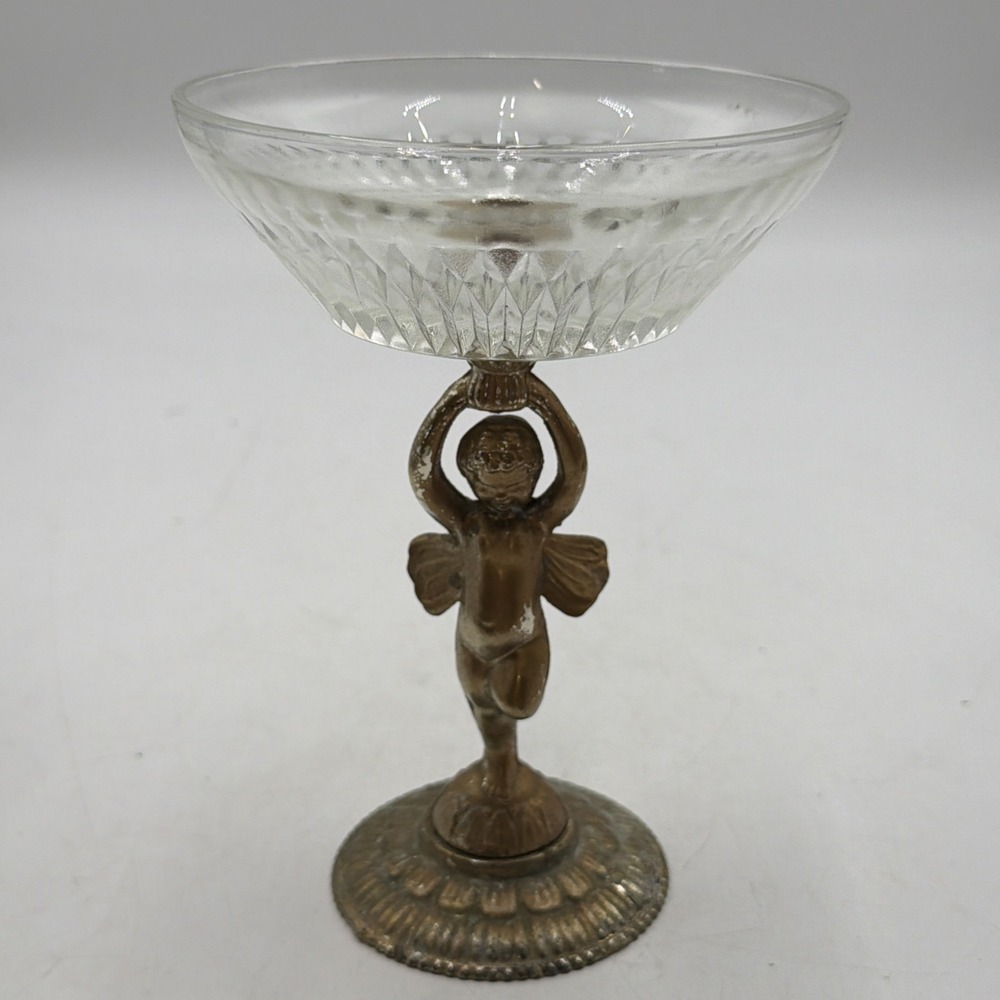 Angel Cherub Cupid Pedestal Compote Candy Trinket Dish 6.25" VTG